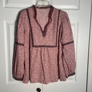 Faherty Aurora Leaf Batik Shirt Women XL Pink Long Sleeve Peasant Boho Tunic Top